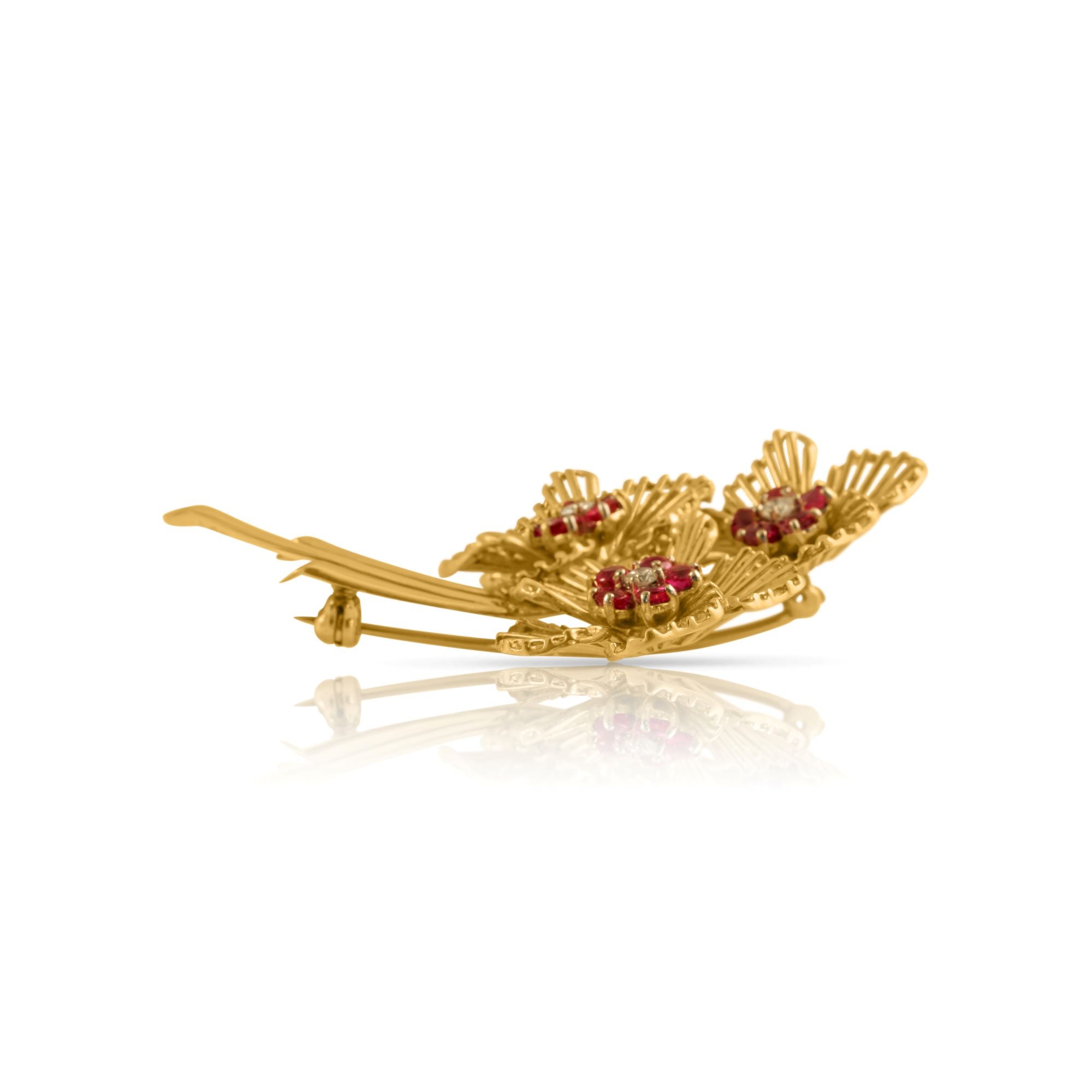 Retro Gold Ruby and Diamond Floral Earring and Brooch Set