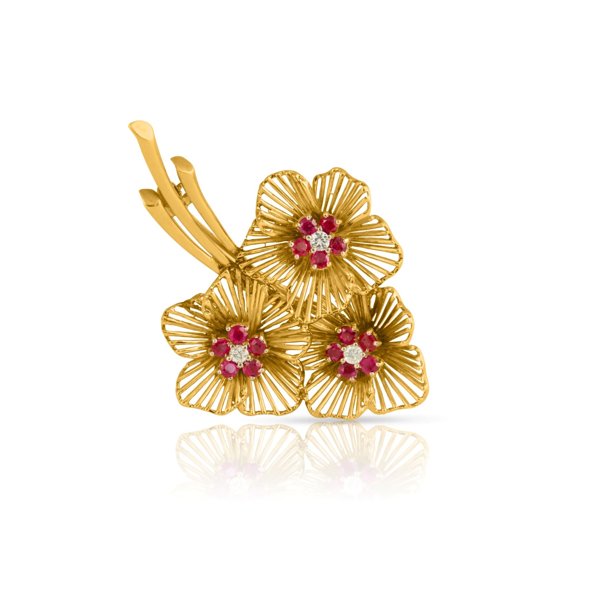 Retro Gold Ruby and Diamond Floral Earring and Brooch Set