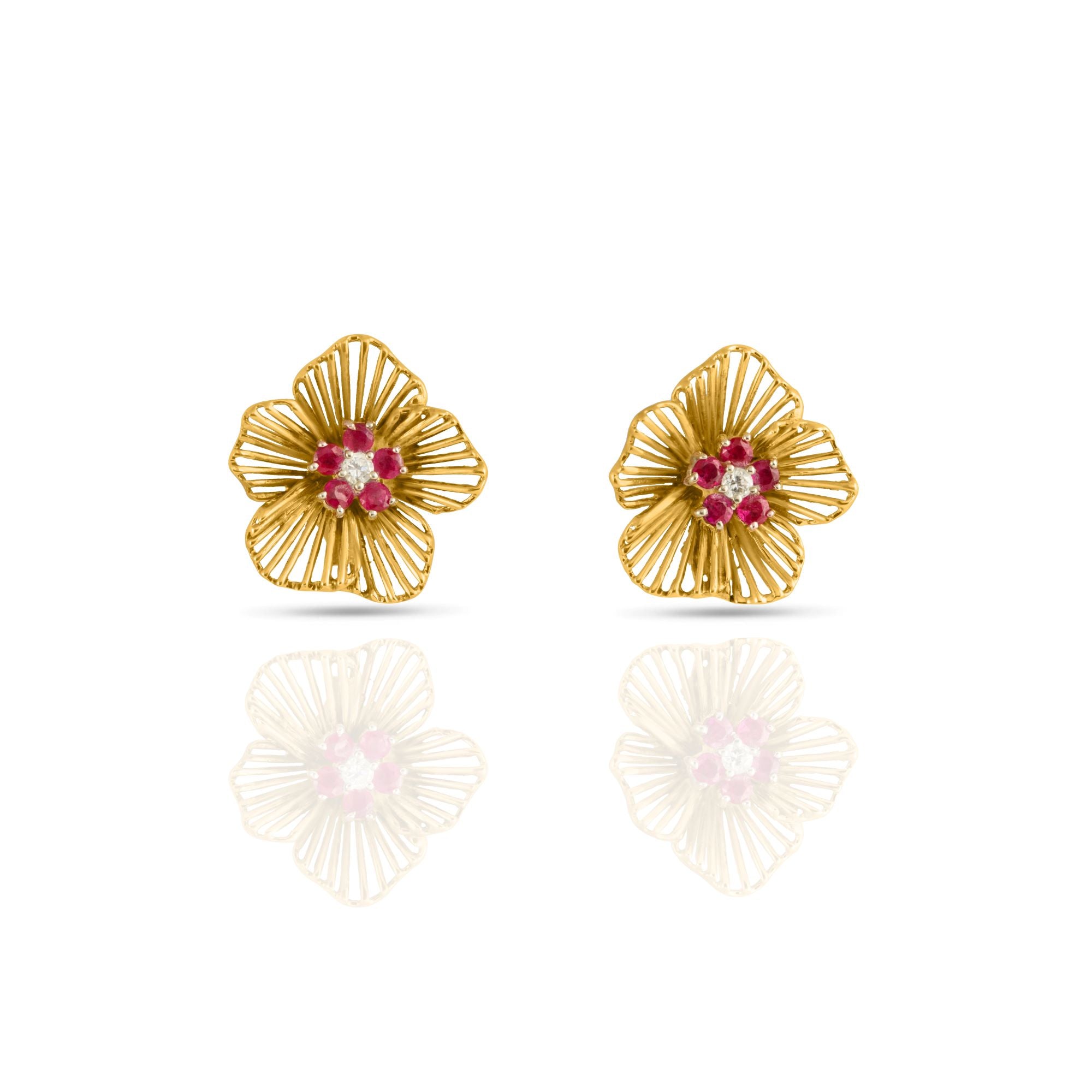 Retro Gold Ruby and Diamond Floral Earring and Brooch Set