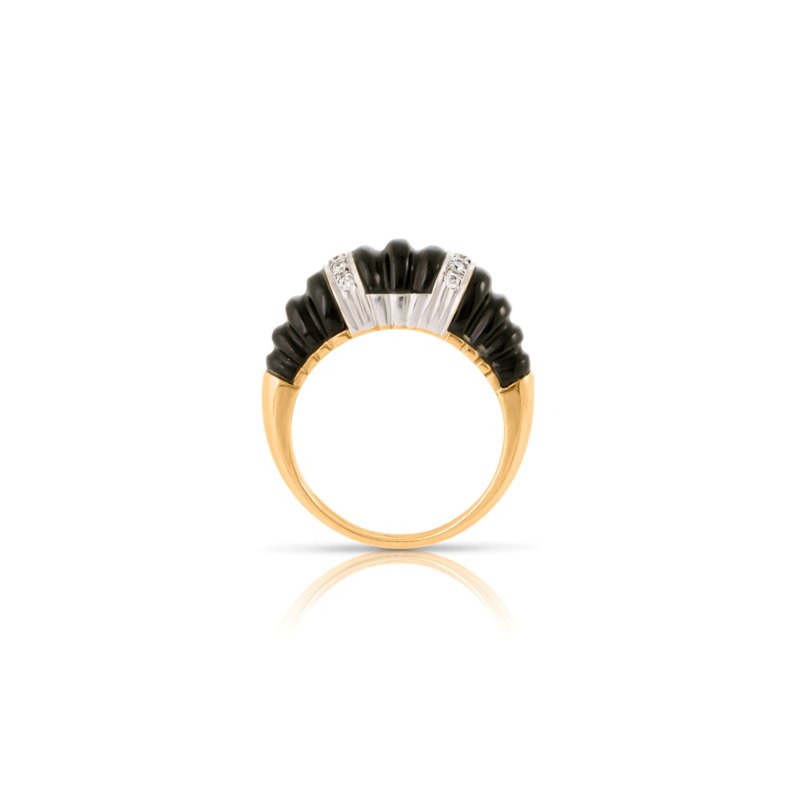 1980s-1990s gold dome ring with carved black onyx gallery and diamond accents.
