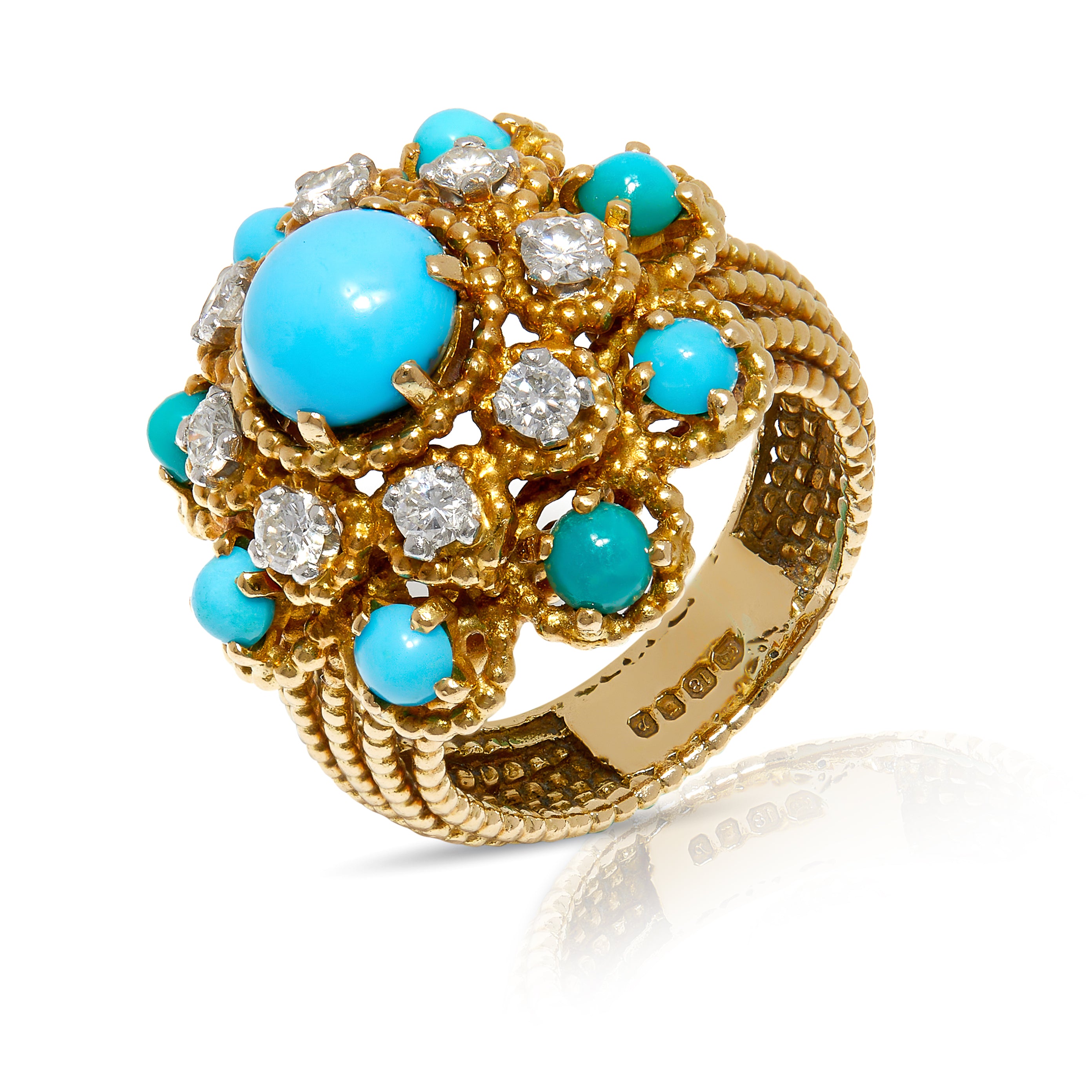 Vintage bombé dress ring with turquoise cabochons and diamonds. 