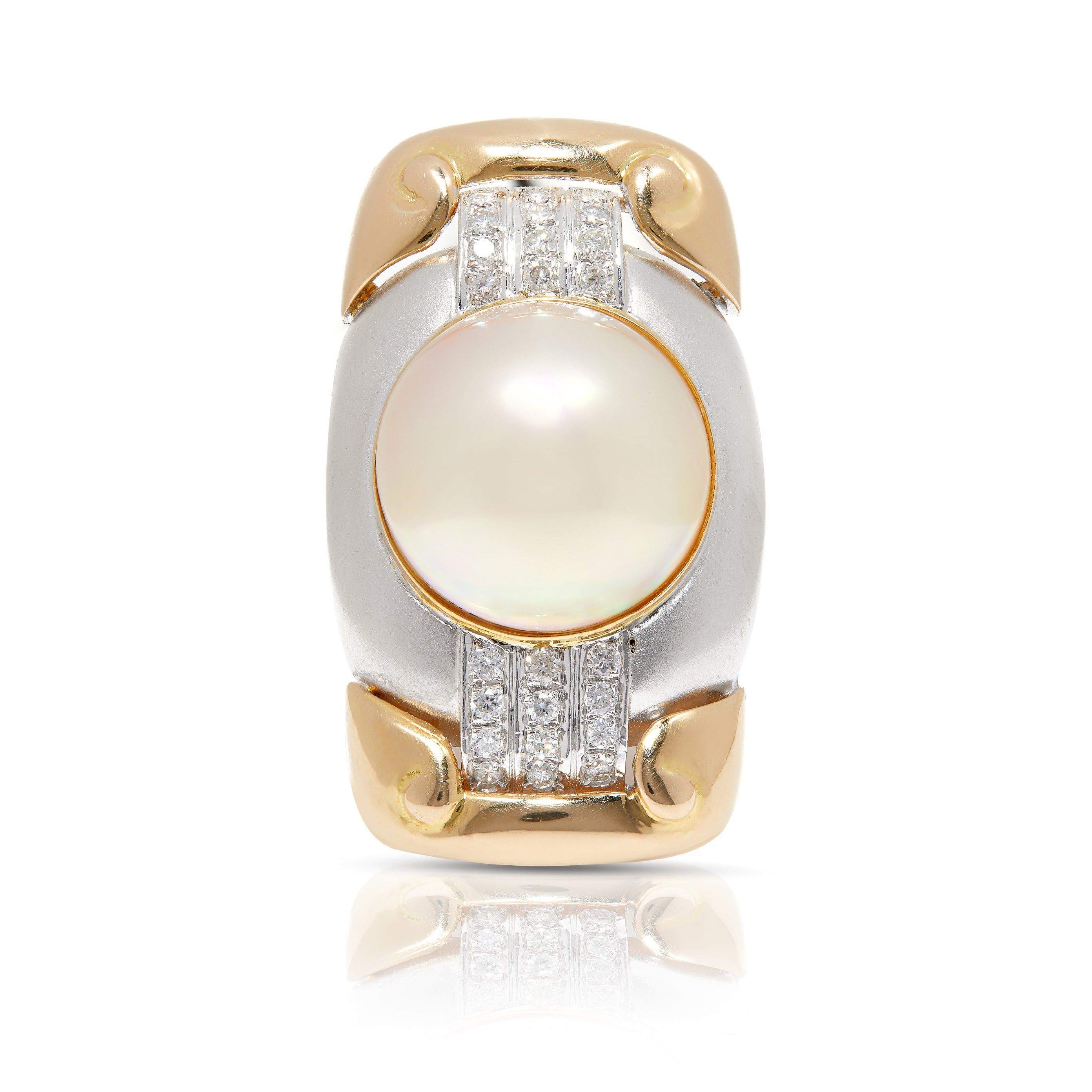 Large vintage gold pearl ring in elongated rectangle shape. 